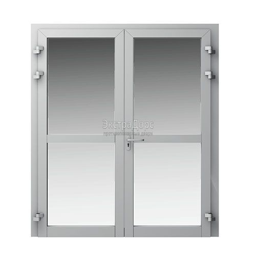 Двупольная огнеупорная дверь EI 60 двустворчатая с выпадающим порогом и стеклом Двупольная огнеупорная дверь EI 60 двустворчатая с выпадающим порогом и стеклом