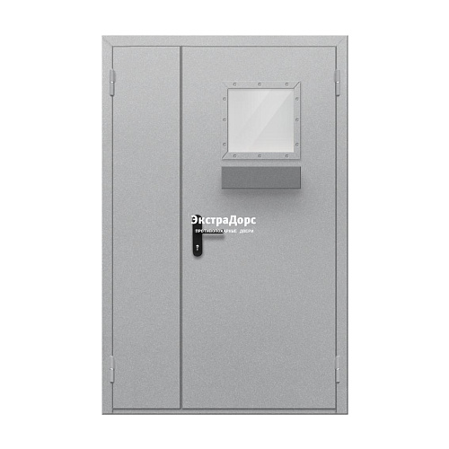 Противопожарная дверь EI 60 ДО-02-EI-60 полуторная остеклённая с квадратным окном и лотком Противопожарная дверь EI 60 ДО-02-EI-60 полуторная остеклённая с квадратным окном и лотком