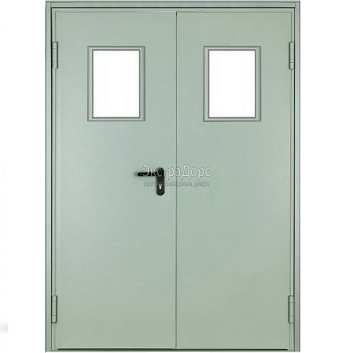 Двухстворчатая огнестойкая дверь EI 60 с выпадающим порогом и стеклом Двухстворчатая огнестойкая дверь EI 60 с выпадающим порогом и стеклом