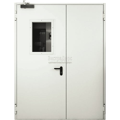 Двухстворчатая огнеупорная дверь с порошковым напылением EIW 60 стальная с окном Двухстворчатая огнеупорная дверь с порошковым напылением EIW 60 стальная с окном