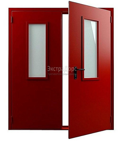 Двухстворчатая огнеупорная дверь EIW 60 красная со стеклом Двухстворчатая огнеупорная дверь EIW 60 красная со стеклом