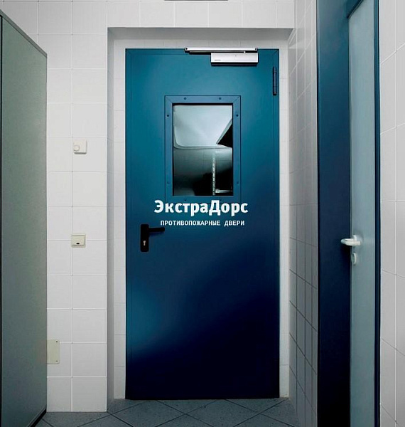 Противопожарная дверь 1 типа синяя c выпадающим порогом с остеклением в Подольске  купить