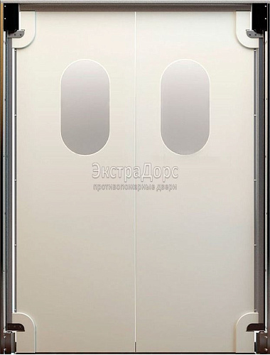 Двупольная противопожарная дверь EIW 30 двустворчатая с выпадающим порогом и стеклом Двупольная противопожарная дверь EIW 30 двустворчатая с выпадающим порогом и стеклом